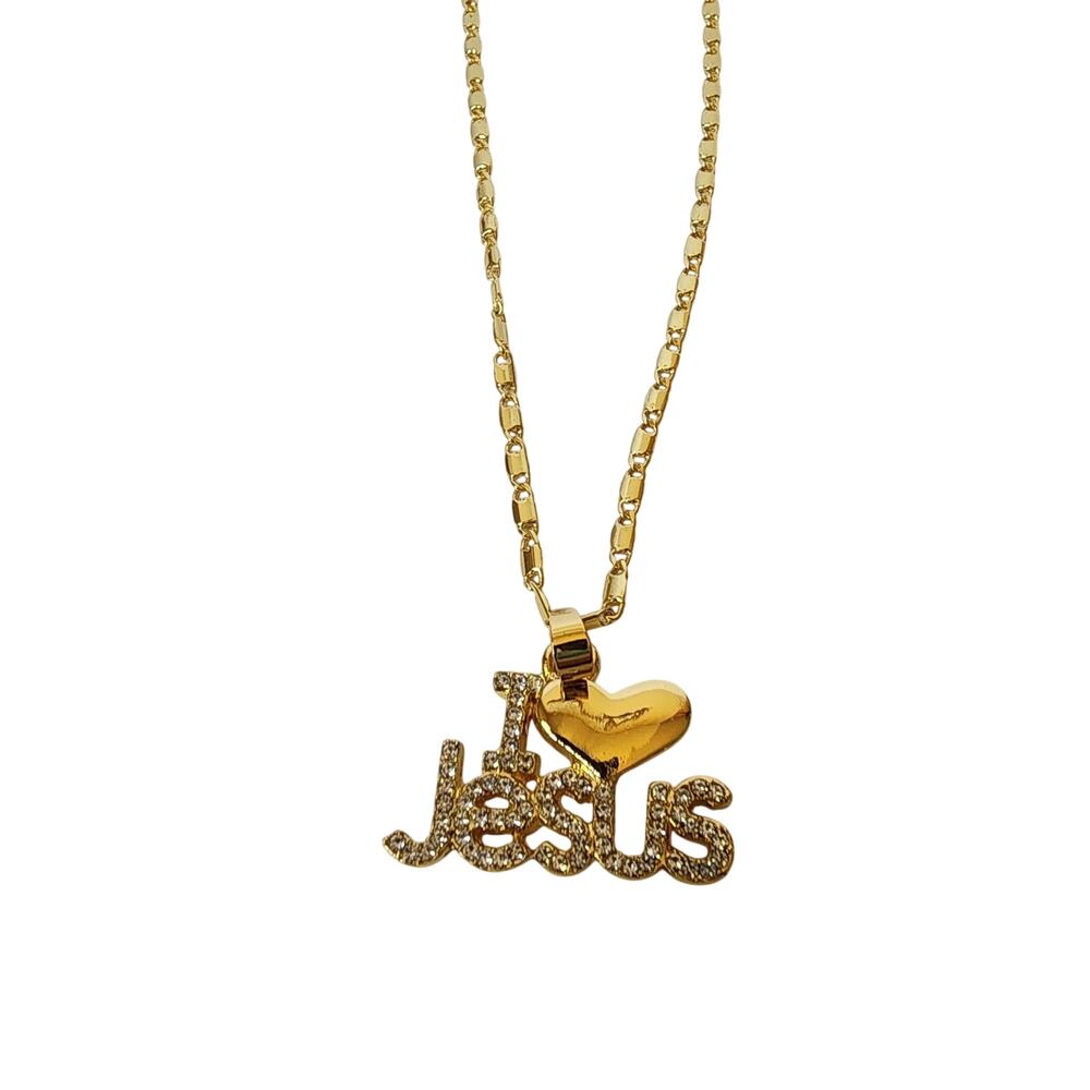 I Love Jesus Pendant Necklace Gold Tone Rhinestones 11" Long Religious Christian